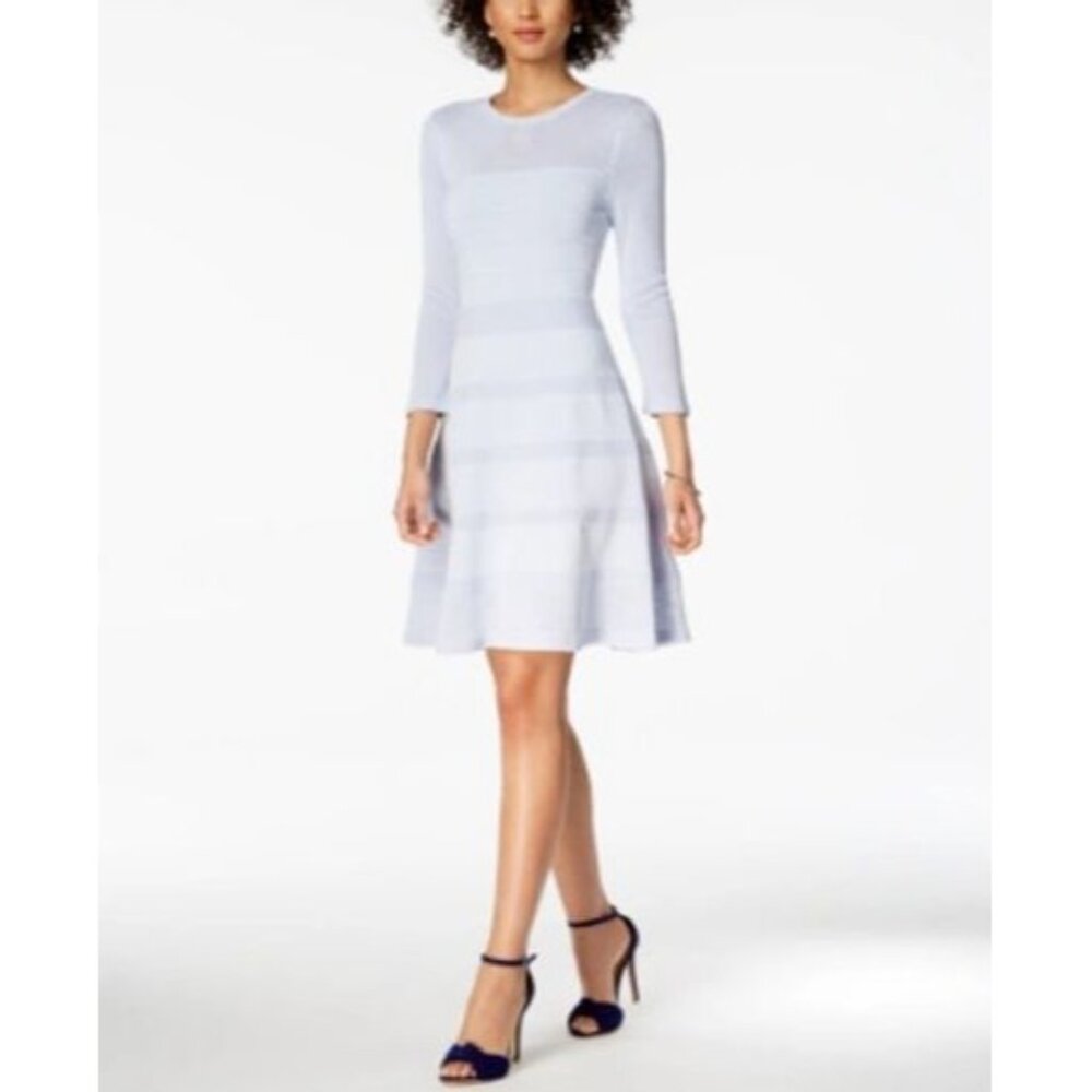 VINCE CAMUTO Mix Stitch Pointelle Long Sleeve Light Blue Knit Dress Womens XS